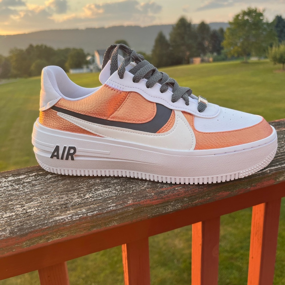 Custom, Hand Painted Nike AF1 Platforms in rose gold and charcoal gray - Picture 2 of 9